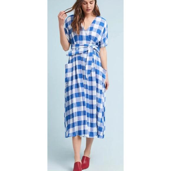 Mara Hoffman‎ Gingham Plaid Wrap Dress Ingrid Blue Size Large
